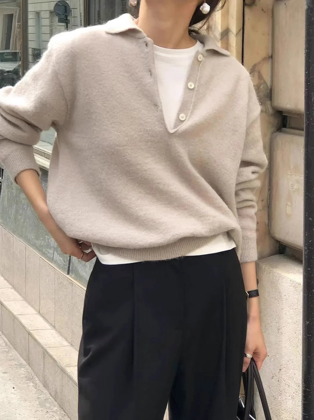 Wool Knit Hoodie Women Relaxed Fit Casual Pullover