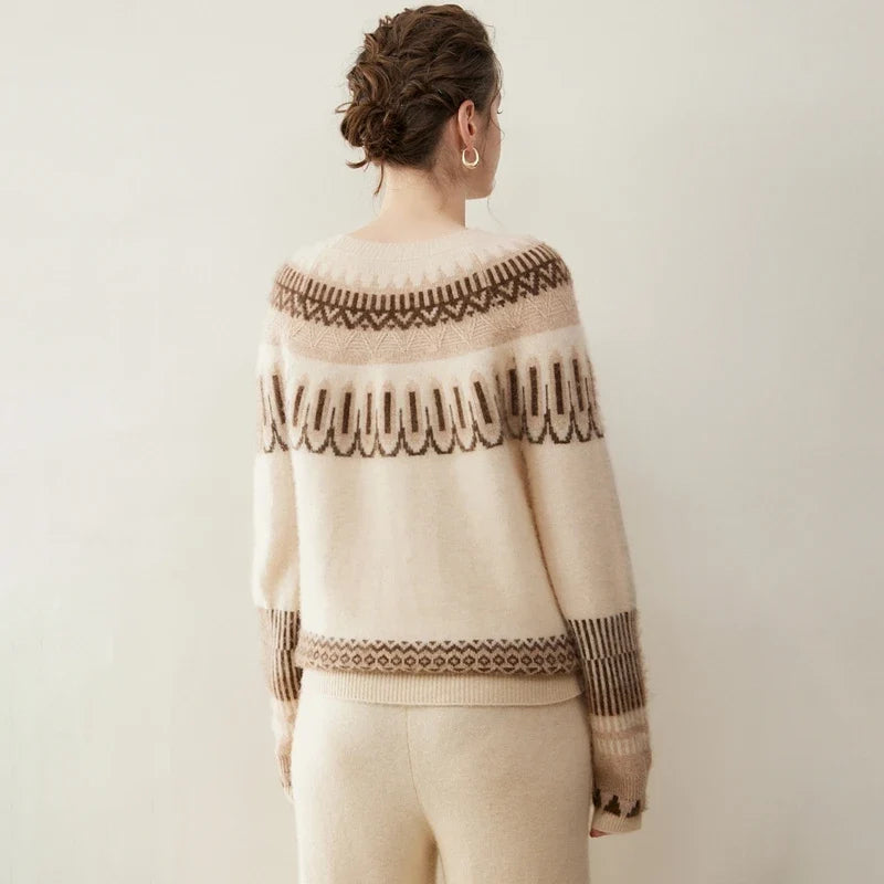 Fair Isle Cashmere Sweater Women Crew Neck Ribbed Knit