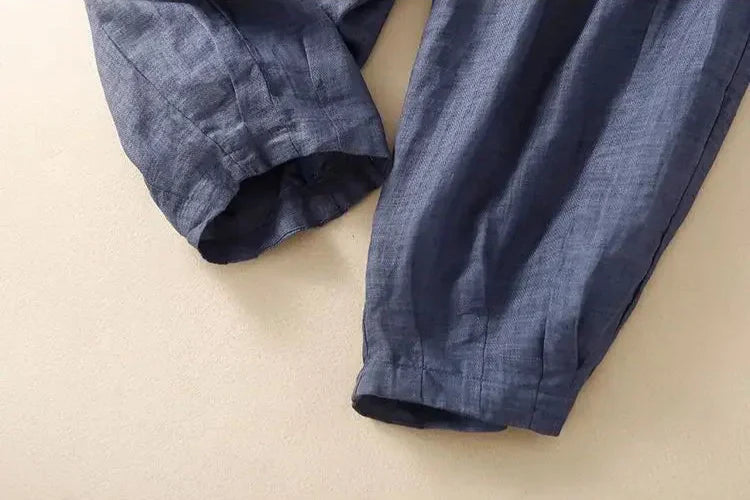 Beige tapered linen trousers for women, loose pull-on style, stylish and comfortable pants by My Store.