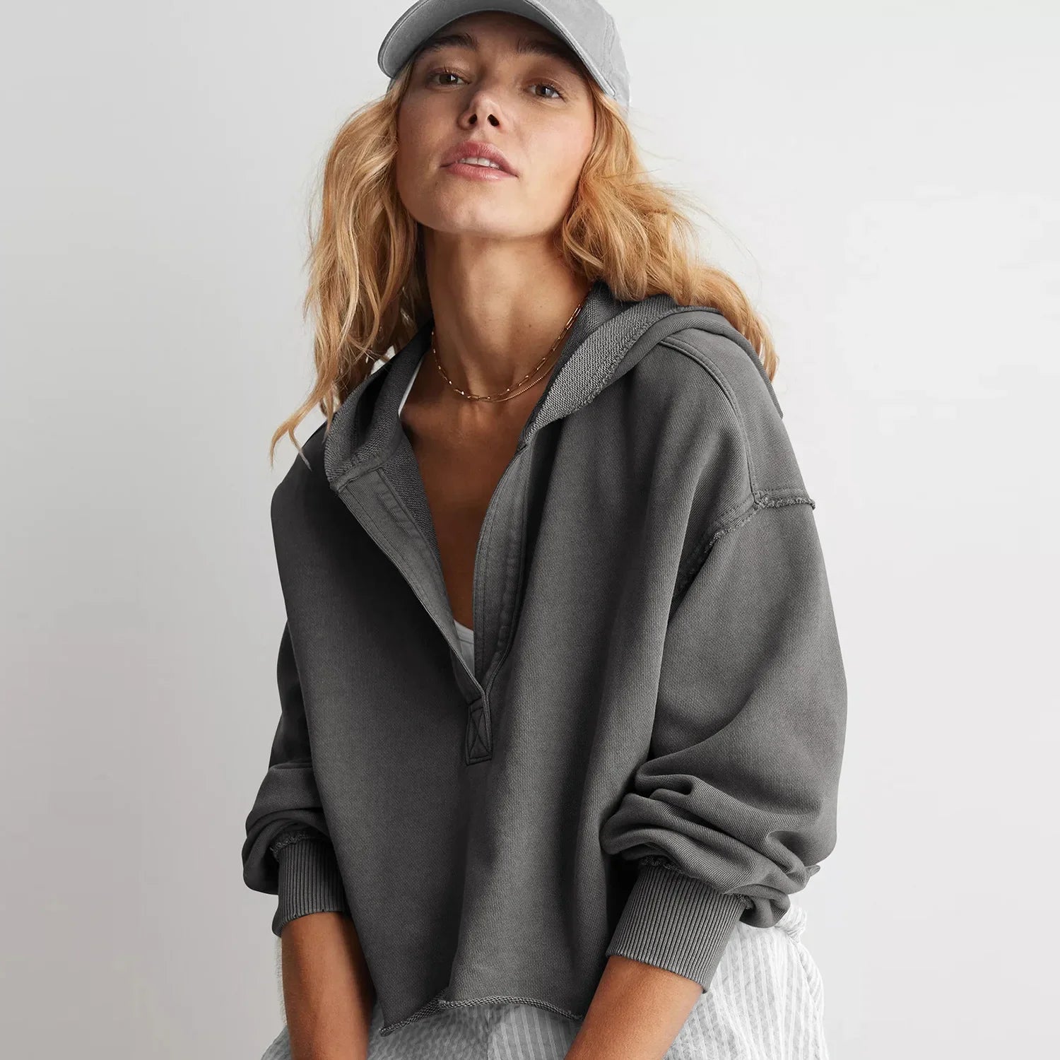 Cropped Hoodie Women Relaxed Fit Cotton Blend Casual