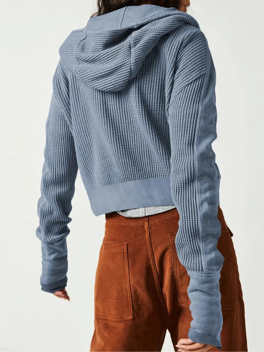 Cropped Waffle Hoodie Women Cotton Zip Front Hooded