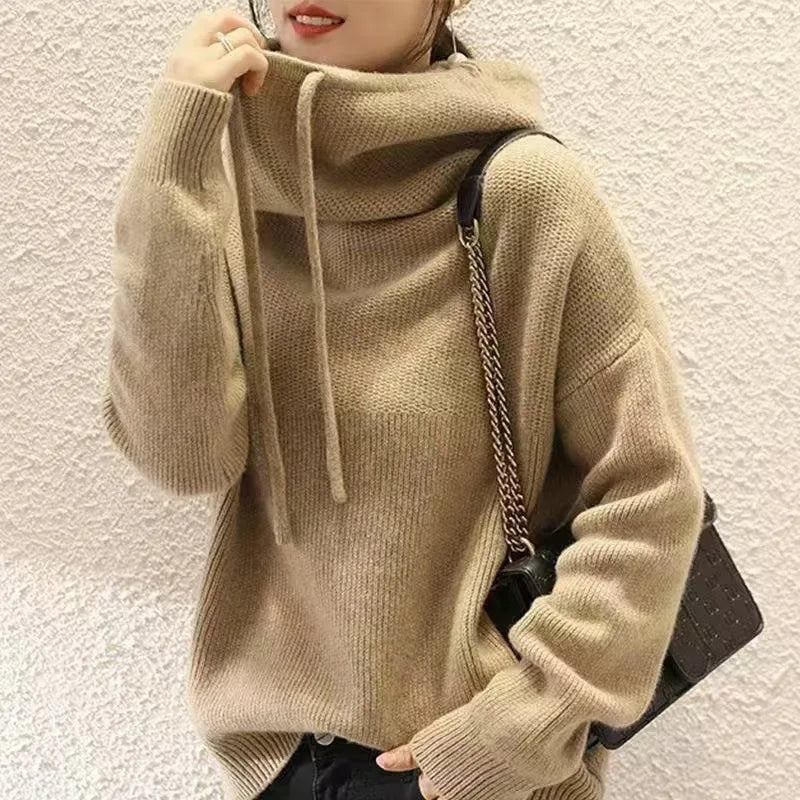 Knit Hoodie Women Relaxed Fit Ribbed Trim Long Sleeve