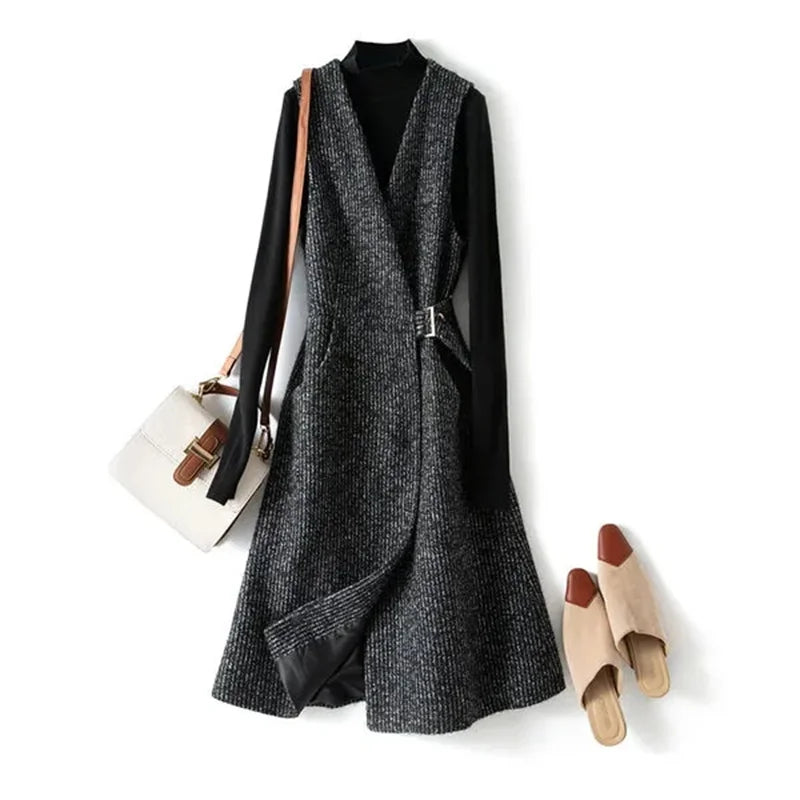 Tweed Wrap Vest Women Longline Belted Textured
