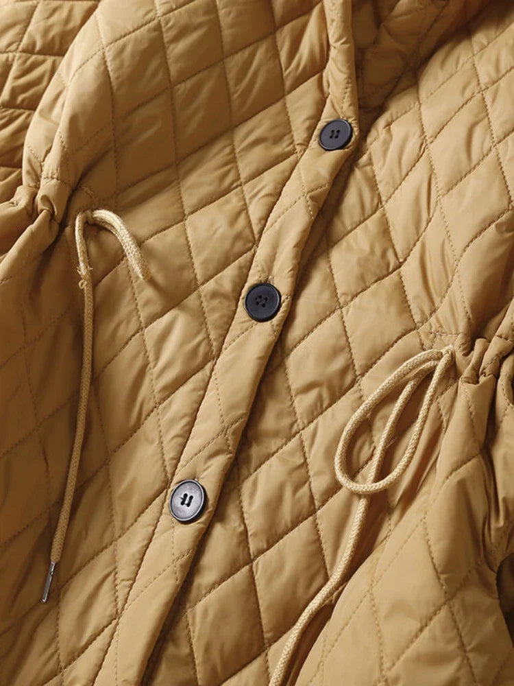 Quilted Long Coat Women Belted Button Front Longline