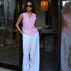 Women’s high-waist wide-leg linen blend trousers with a loose pull-on design, perfect for casual and summer wear.