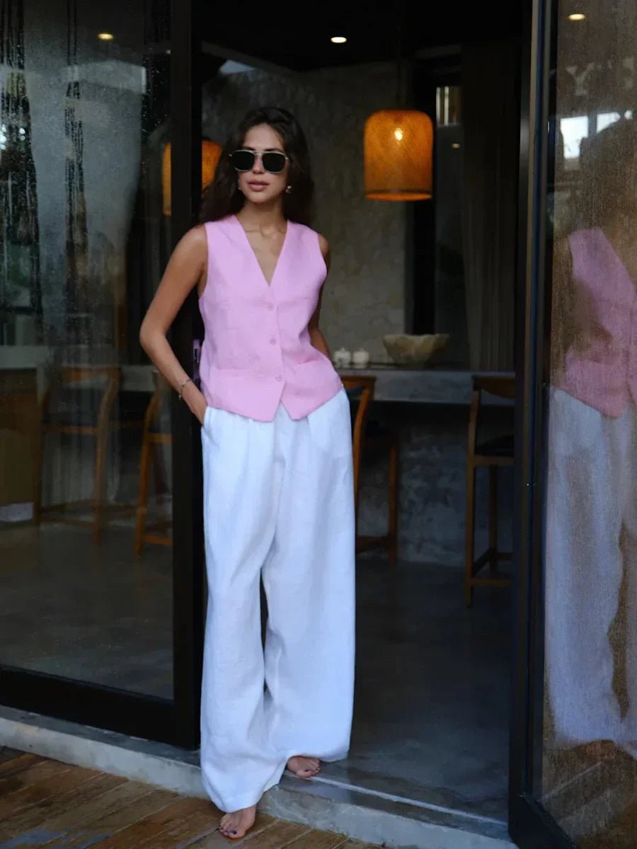 Women’s high-waist wide-leg linen blend trousers with a loose pull-on design, perfect for casual and summer wear.