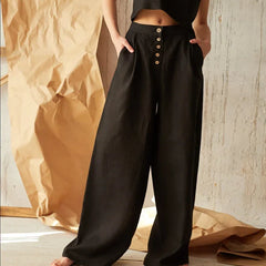 Women’s knit wide-leg elastic-waist trousers, loose pull-on pants with a relaxed fit and comfortable design, shown in neutral fabric.