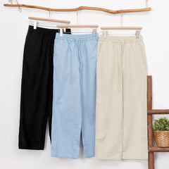 Women’s cotton linen wide-leg drawstring trousers, loose pull-on pants with a relaxed fit, ideal for casual and comfortable wear.