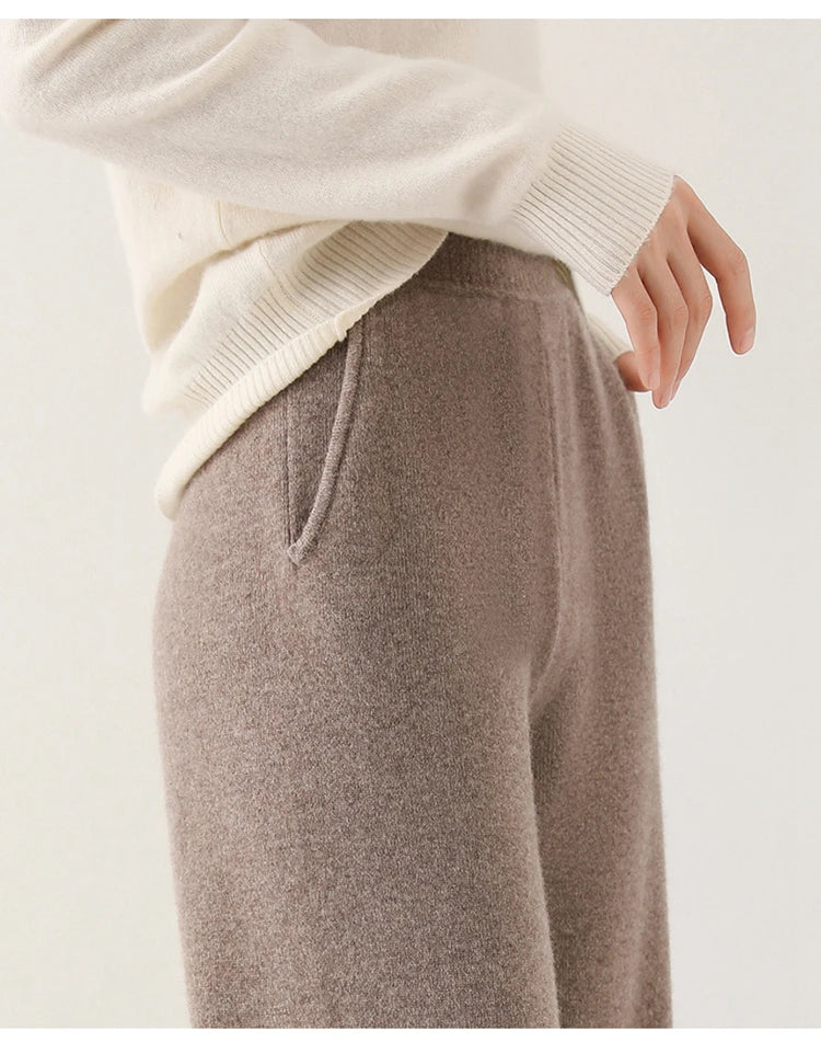 Women’s Merino wool wide-leg joggers, stylish and comfortable pants made by My Store, shown in a relaxed fit.