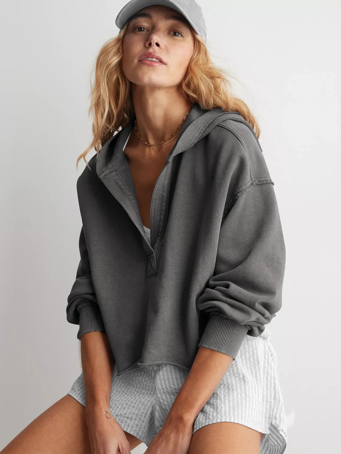 Cropped Hoodie Women Relaxed Fit Cotton Blend Casual