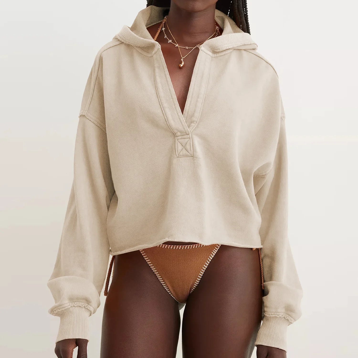 Cropped Hoodie Women Relaxed Fit Cotton Blend Casual