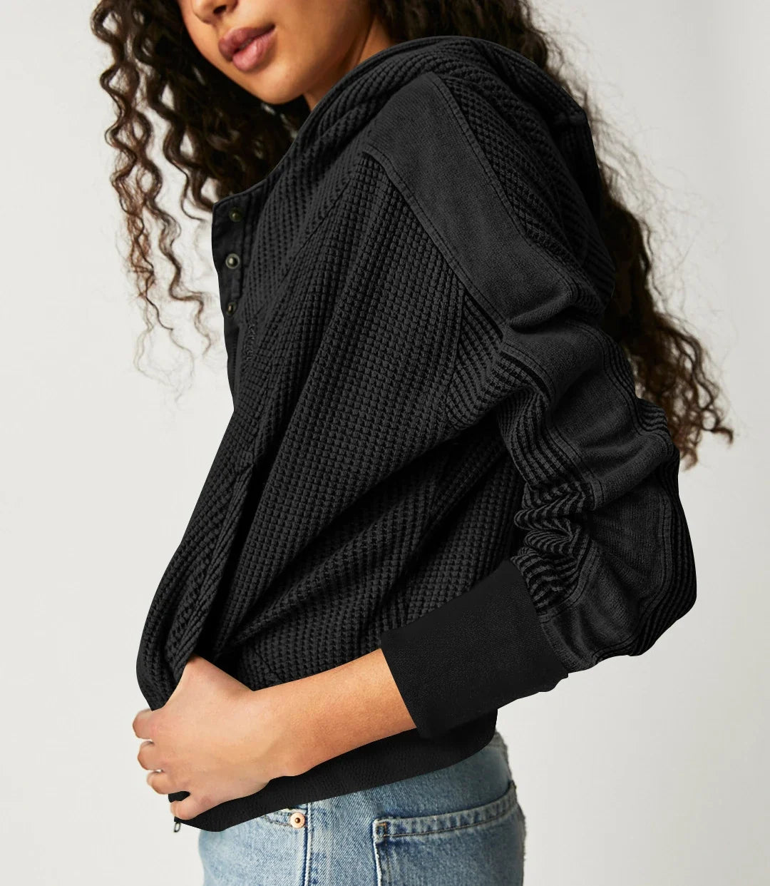 Cropped Waffle Hoodie Women Cotton Zip Front Hooded