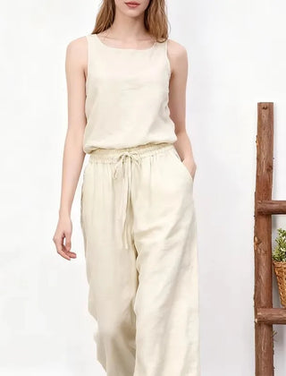 Women’s cotton linen wide leg drawstring trousers with a loose pull-on design, perfect for casual and comfortable styling.