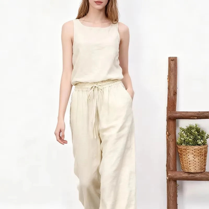 Women’s cotton linen wide leg drawstring trousers with a loose pull-on design, perfect for casual and comfortable styling.