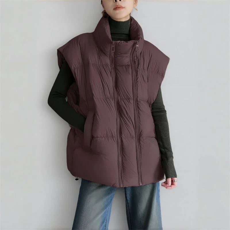 Down Padded Vest Women Cropped Stand Collar Insulated