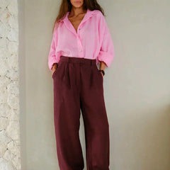 Women’s high-waist wide-leg linen blend trousers, loose pull-on pants with relaxed fit and lightweight fabric, in neutral color.