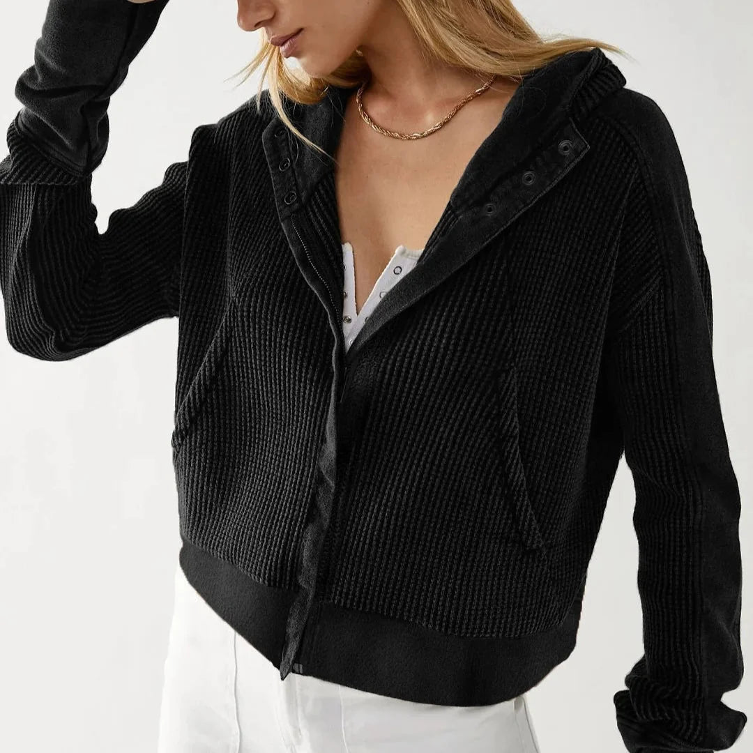 Cropped Waffle Hoodie Women Cotton Zip Front Hooded
