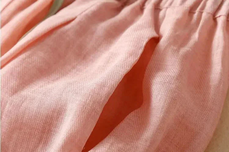 Beige tapered linen trousers for women, loose pull-on style, comfortable and stylish pants from My Store.