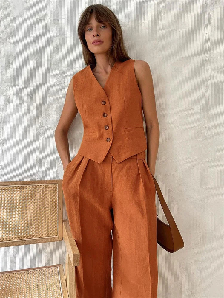 White women's wide leg linen trousers with high waist, stylish and comfortable pants for casual or dressy occasions.