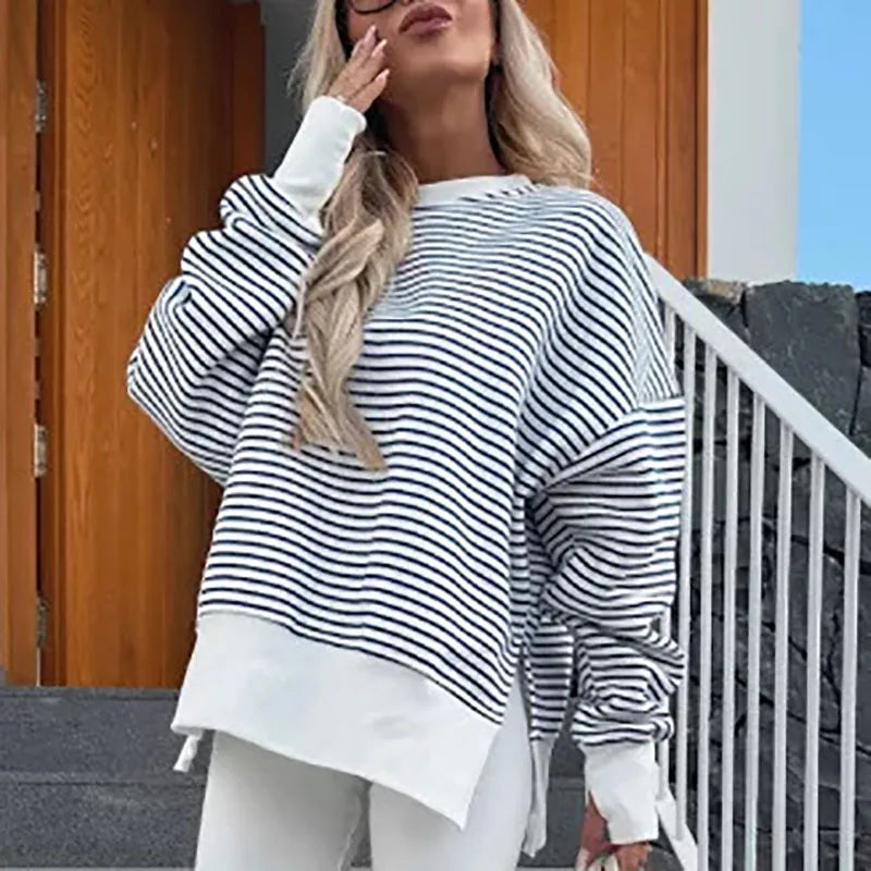 Striped Sweatshirt Women Loose Fit O-Neck Long Sleeve