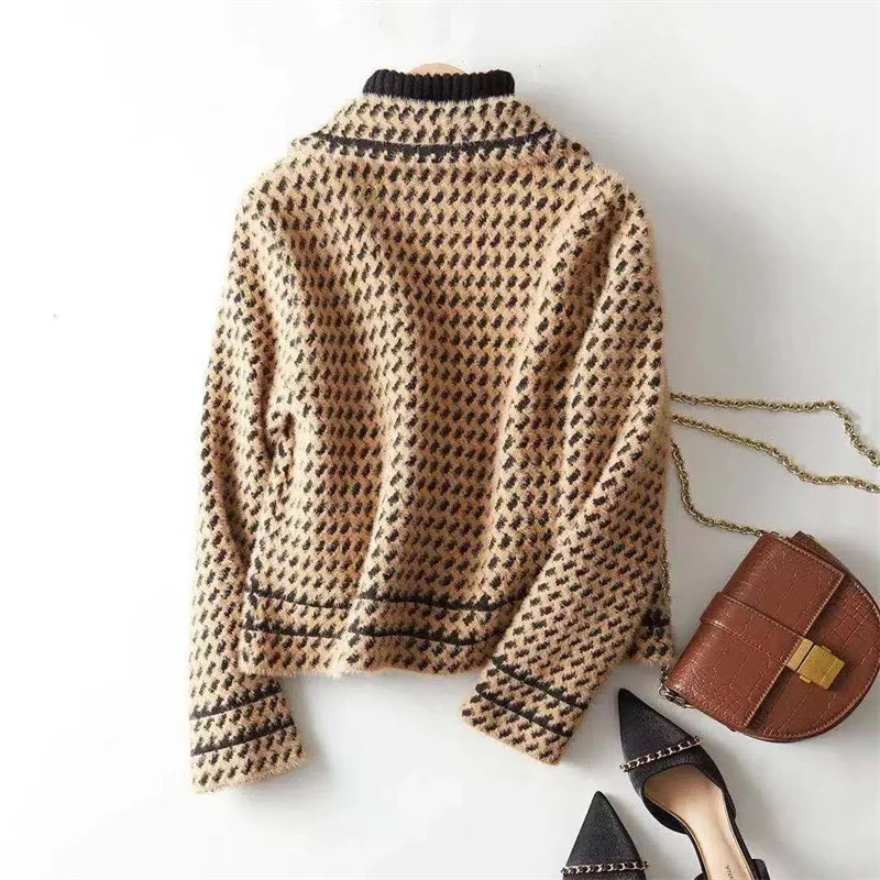 Houndstooth Knit Jacket Women Cropped Double Breasted