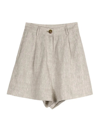 High-waist pleated linen shorts for women, tailored office pants with a relaxed fit and elegant design, in natural linen fabric.