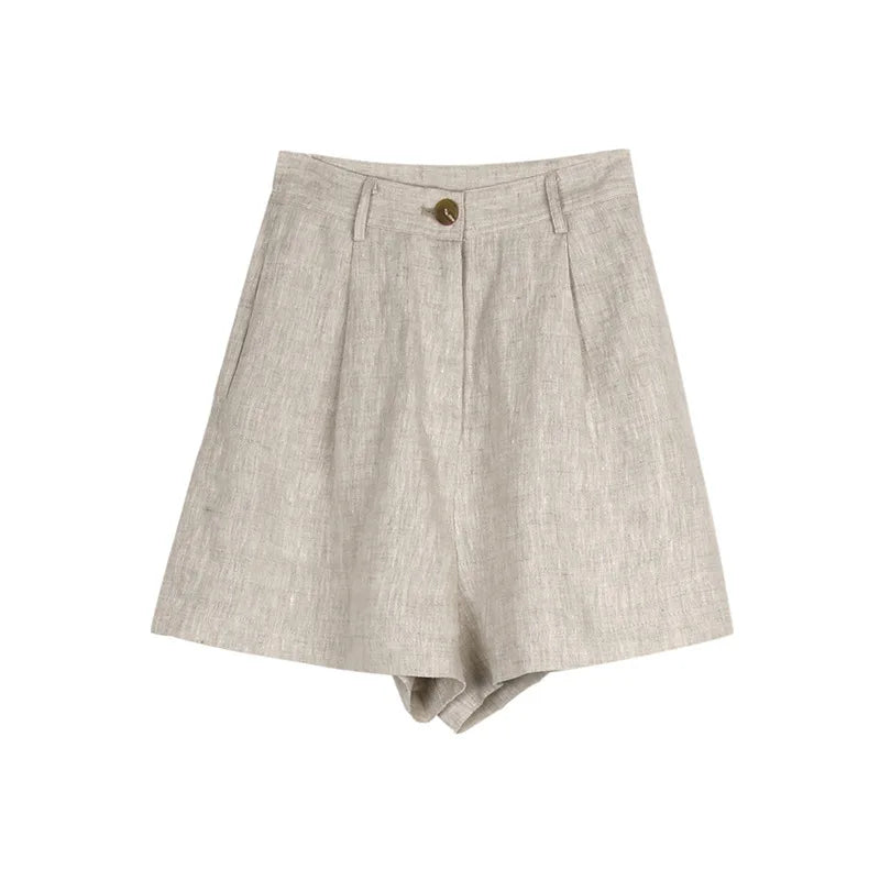 High-waist pleated linen shorts for women, tailored office pants with a relaxed fit and elegant design, in natural linen fabric.