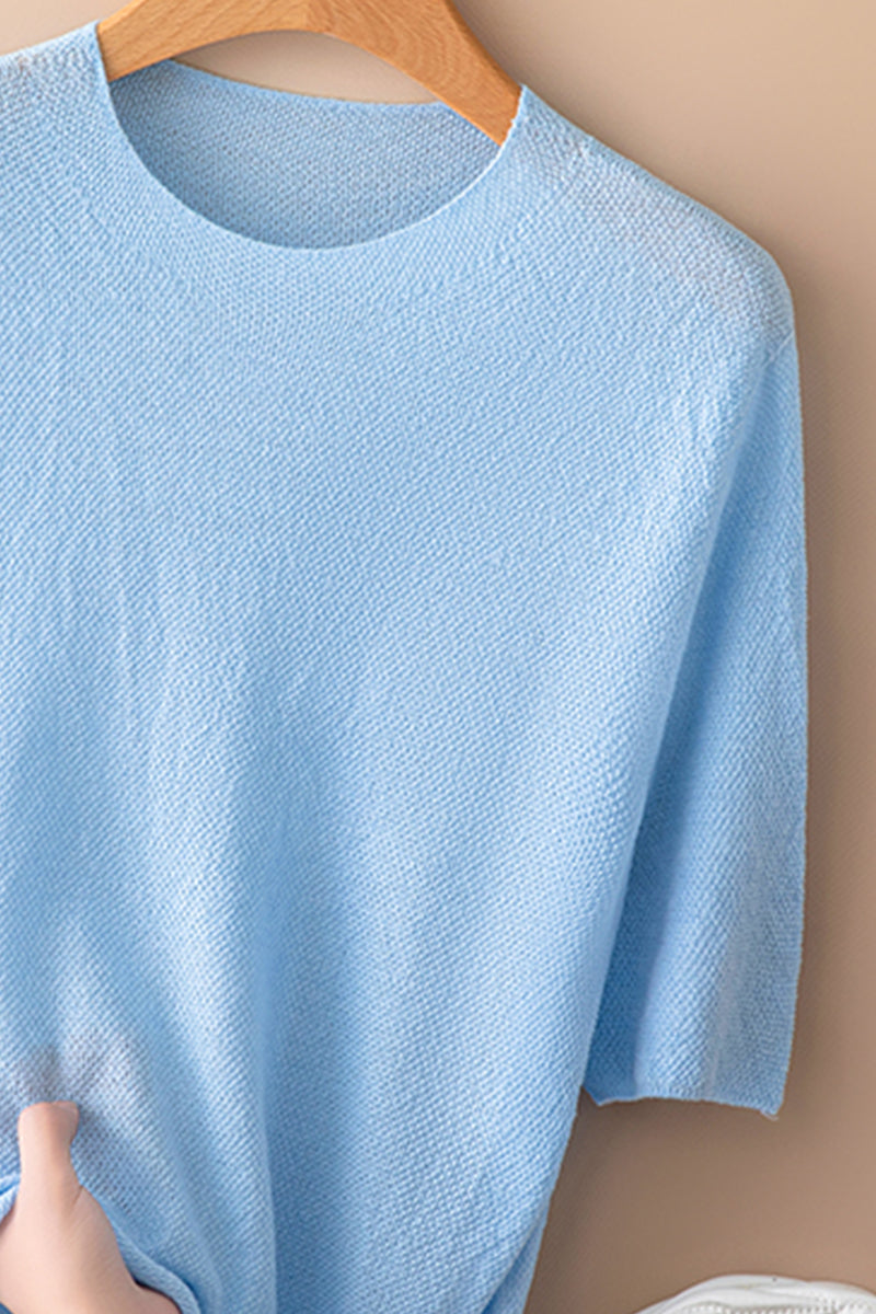 Seamless Knit Pullover Women Wool Blend Relaxed Fit Short Sleeve
