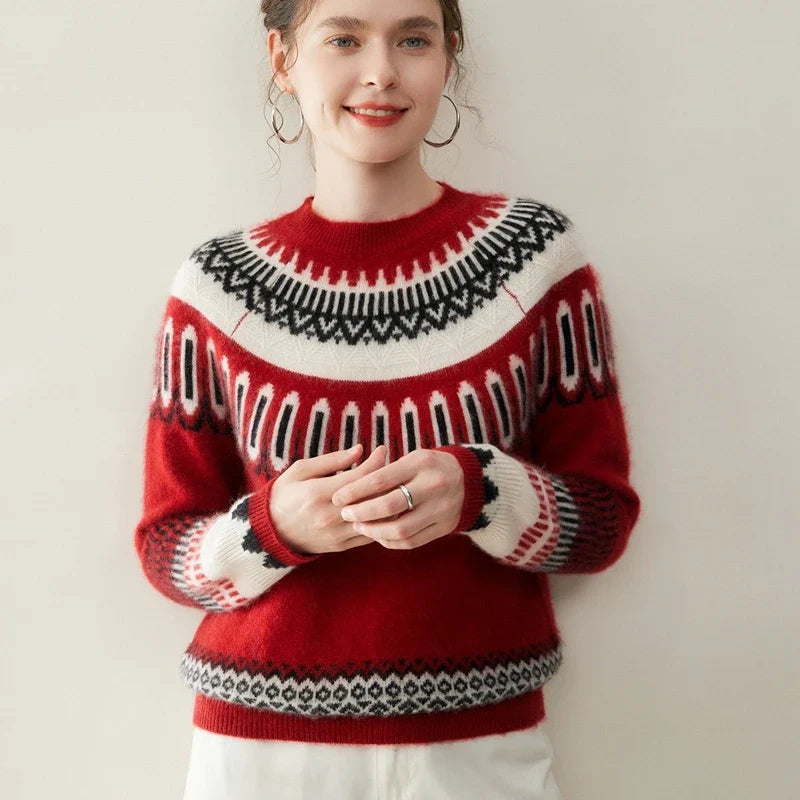 Fair Isle Cashmere Sweater Women Crew Neck Ribbed Knit