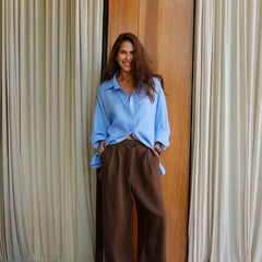 Women's high-waist wide-leg linen blend trousers, loose pull-on pants, shown in a relaxed fit and neutral color.