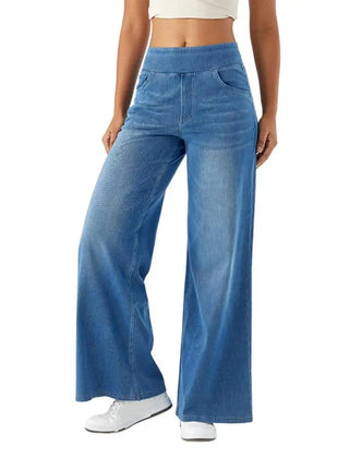 Women's lace wide-leg high waist pull-on trousers with flowing fabric and elegant design, ideal for stylish casual or formal wear.