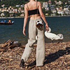 Women’s knit wide-leg drawstring trousers with a loose fit, pull-on style, in soft fabric, featuring a relaxed and comfortable design.