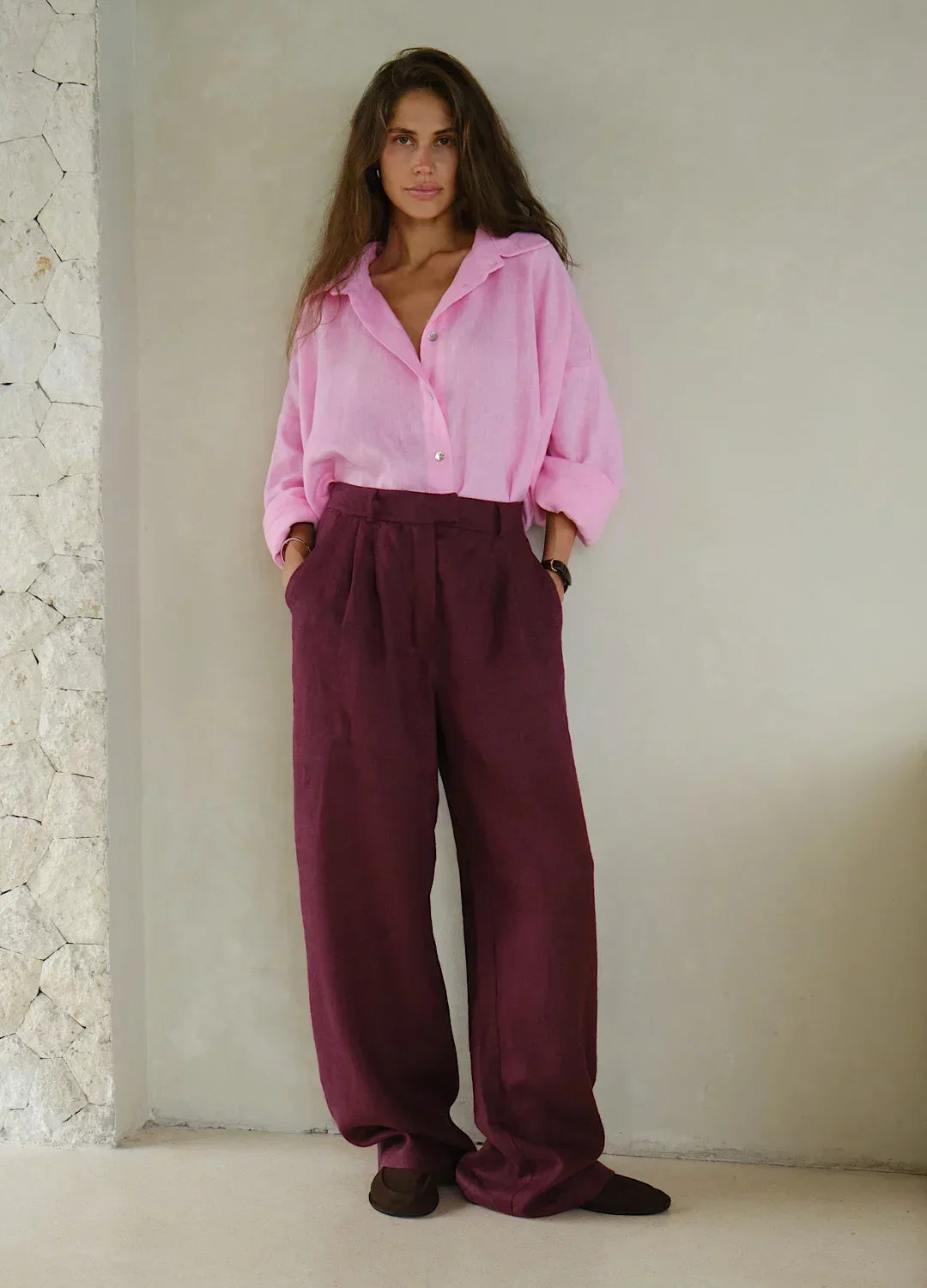 Women's high-waist wide-leg linen blend trousers with a loose pull-on design, shown in a neutral color, casual and comfortable style.