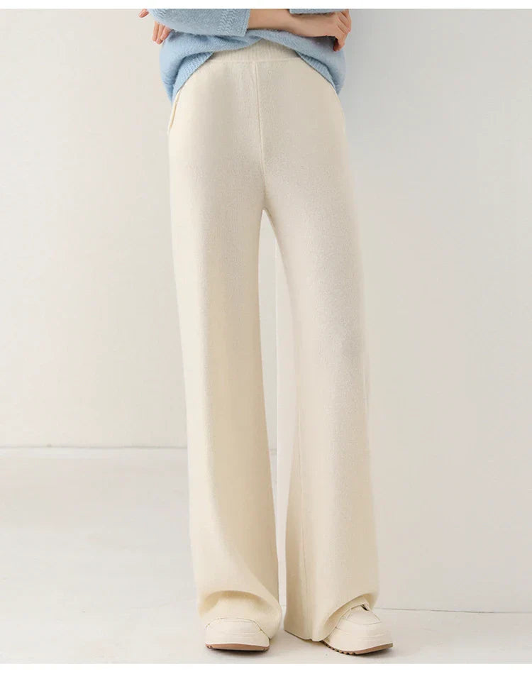 Women’s Merino wool wide-leg joggers showing soft, cozy fabric and relaxed fit in neutral color.