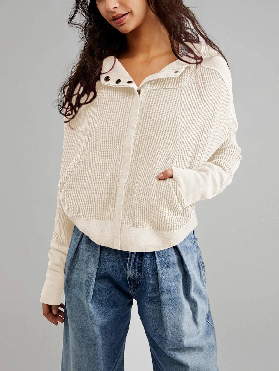 Cropped Waffle Hoodie Women Cotton Zip Front Hooded