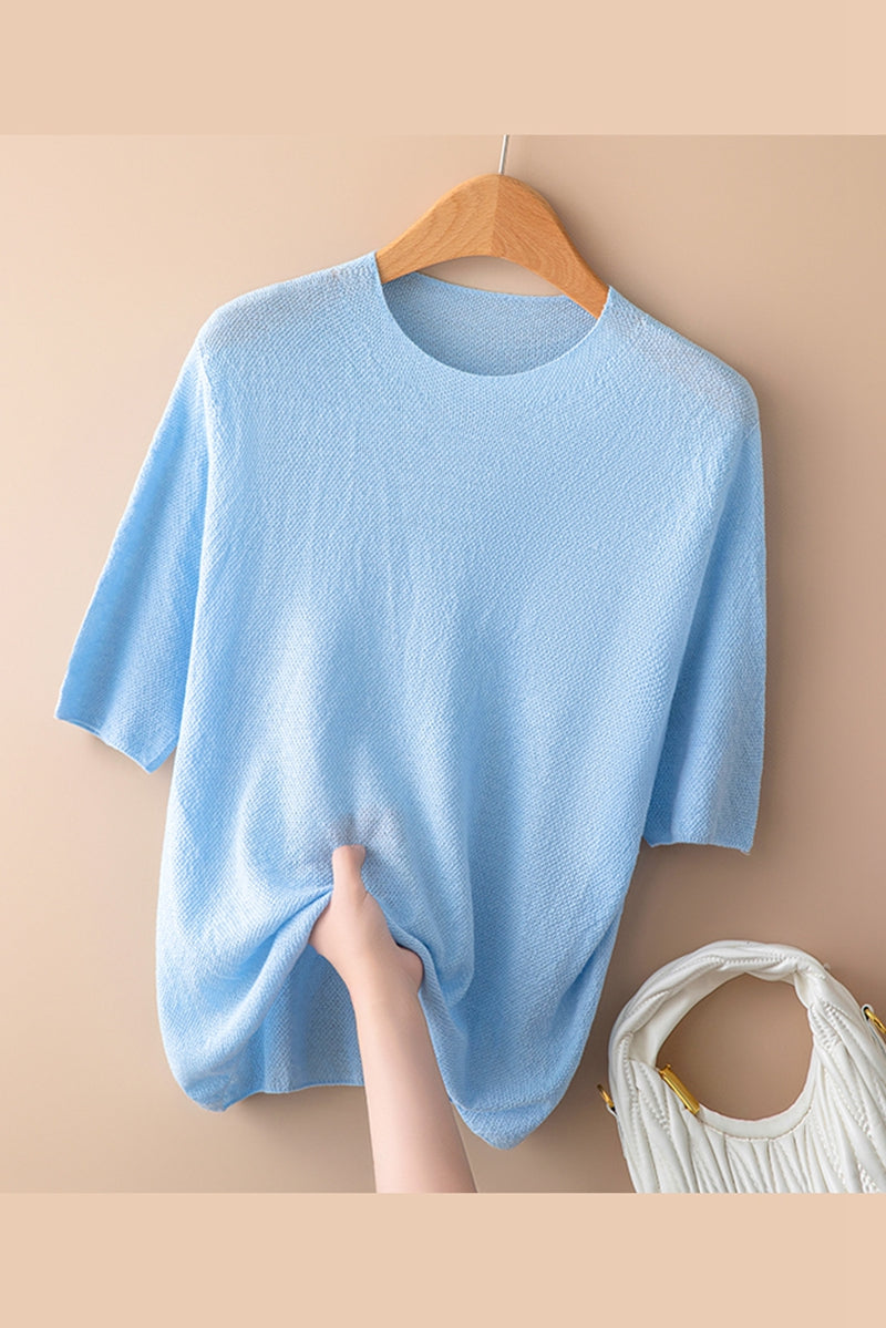 Seamless Knit Pullover Women Wool Blend Relaxed Fit Short Sleeve