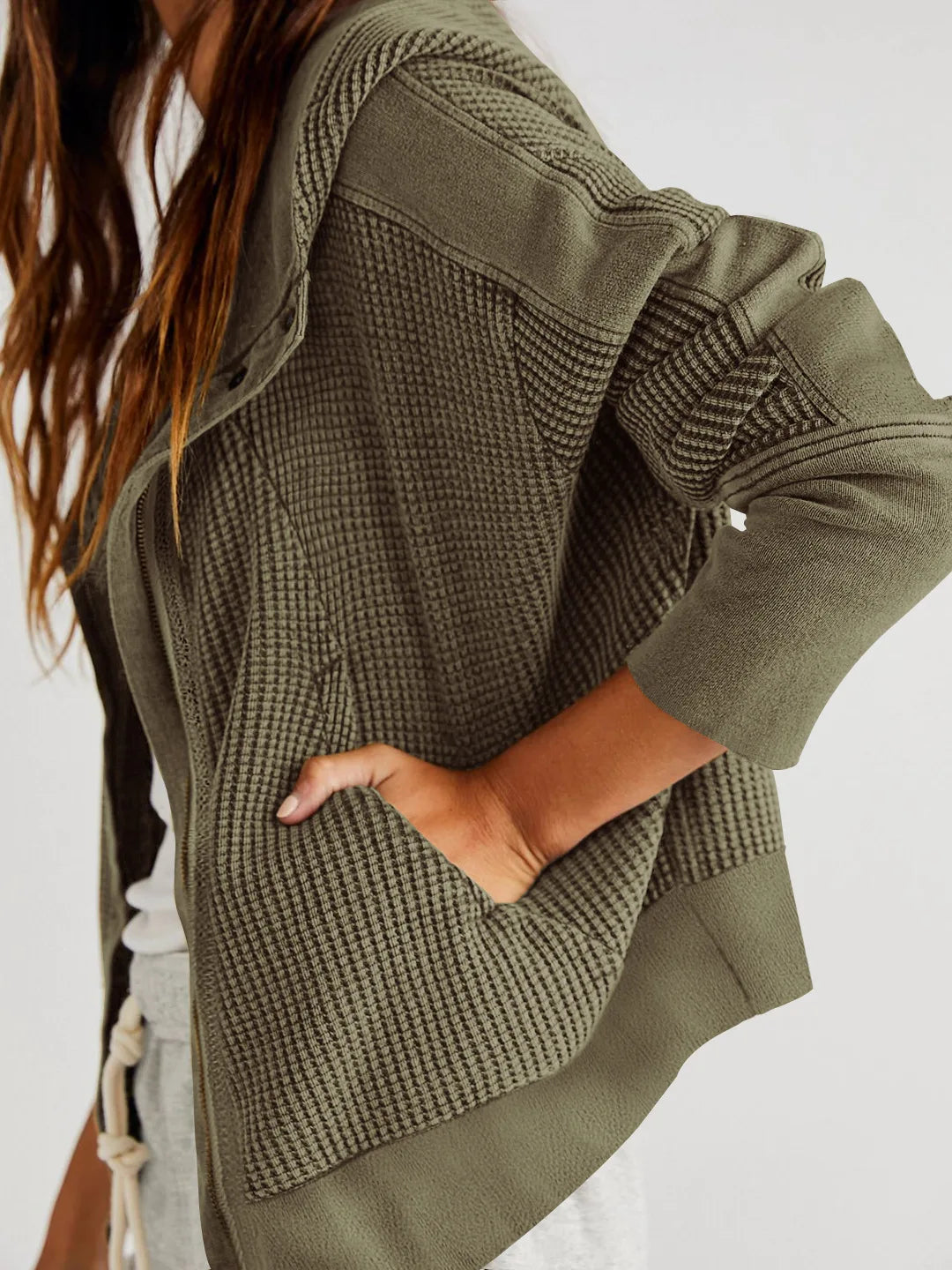 Cropped Waffle Hoodie Women Cotton Zip Front Hooded