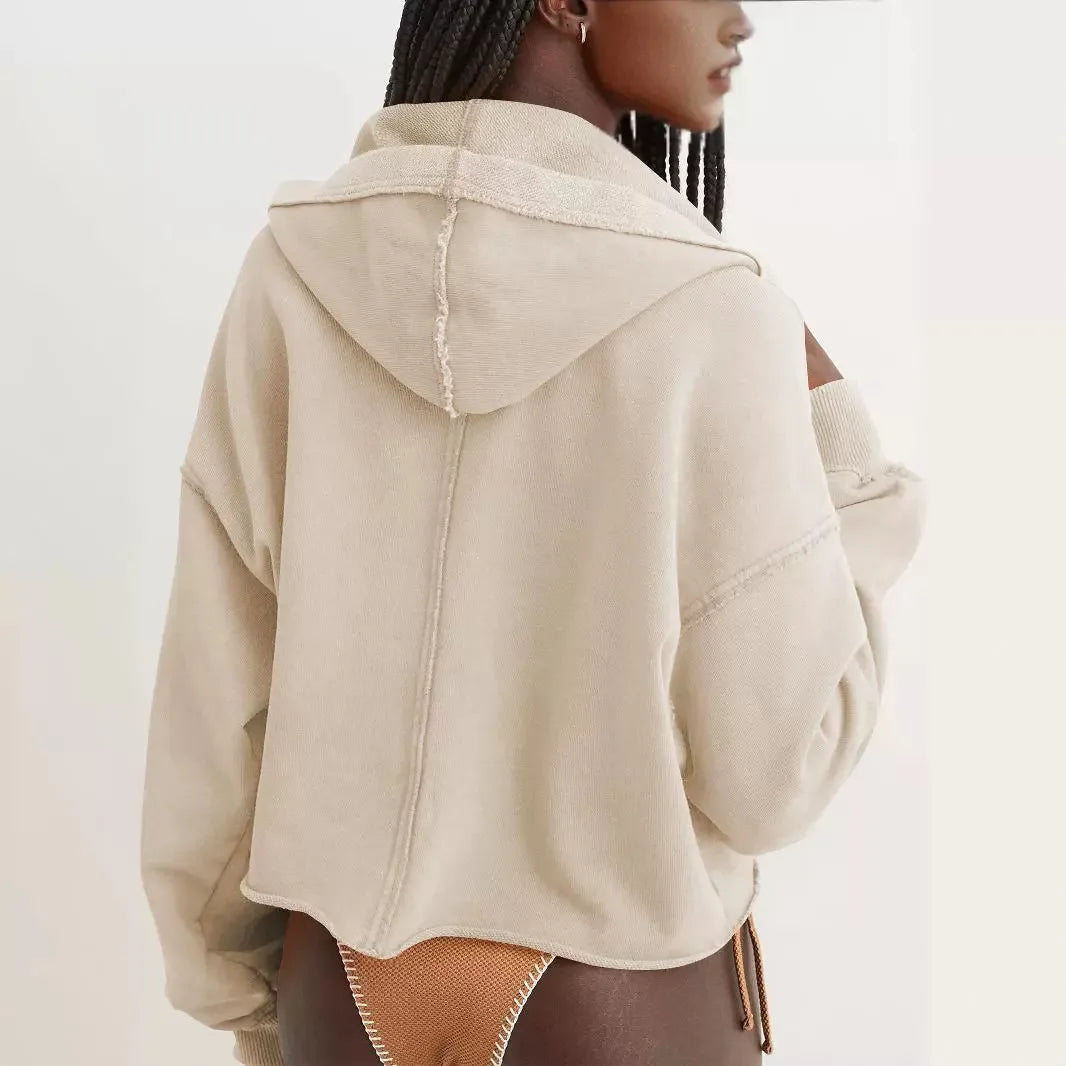 Cropped Hoodie Women Relaxed Fit Cotton Blend Casual