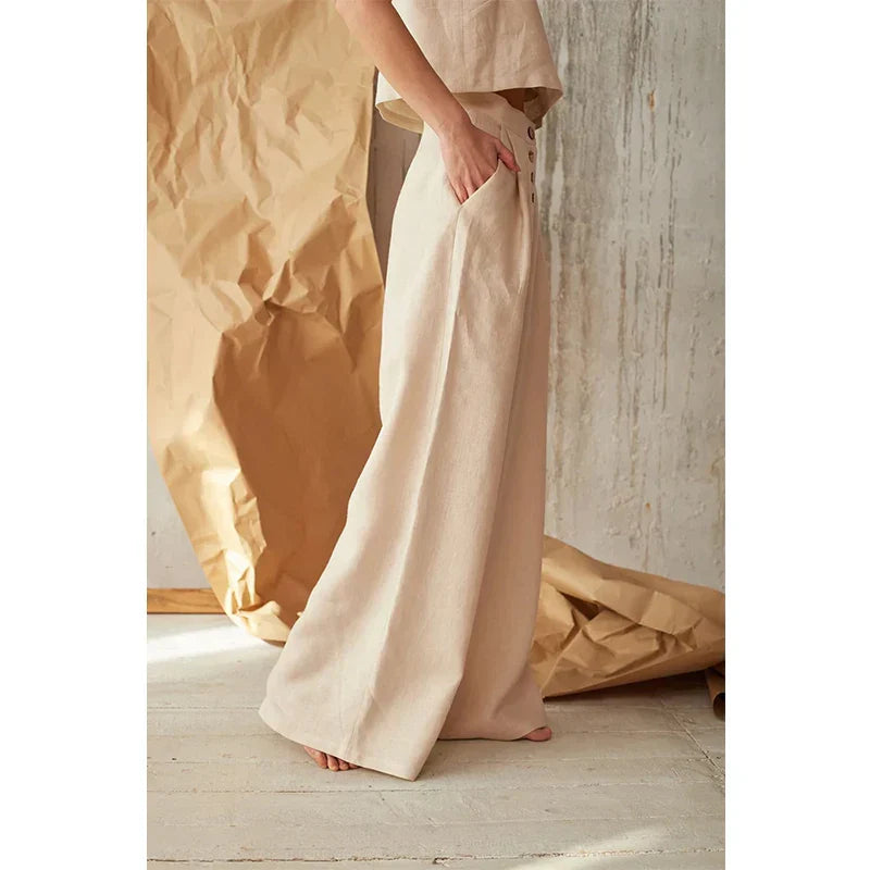 Women’s knit wide-leg elastic-waist trousers, loose pull-on pants with relaxed fit and comfortable style.