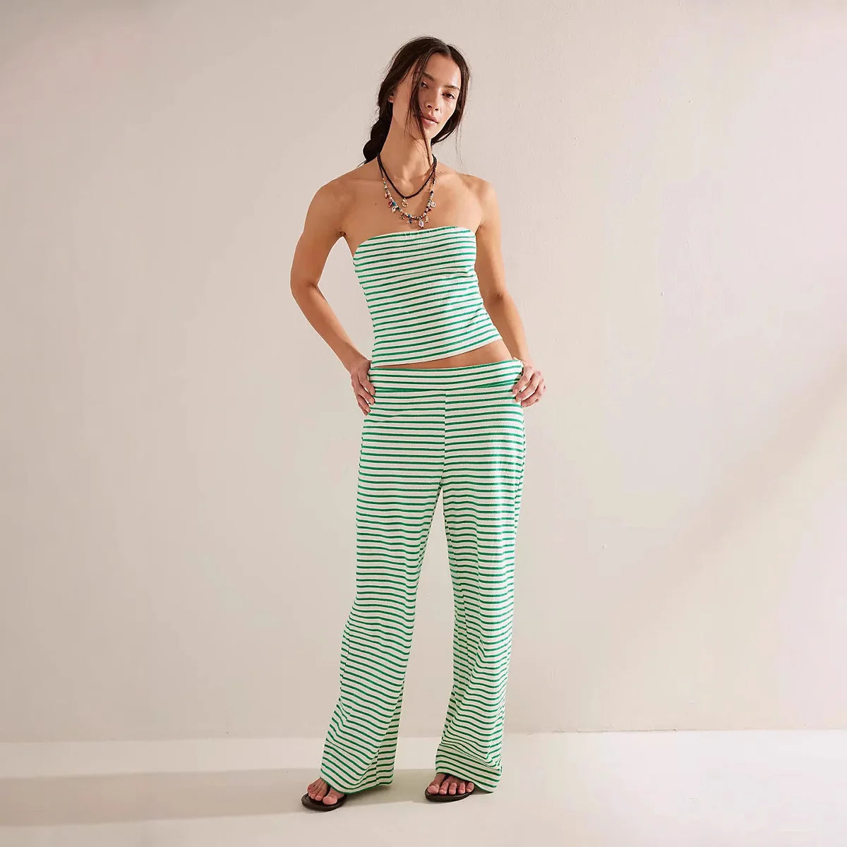 Women's loose knit wide-leg trousers with pull-on style, soft and comfortable knit pants for women.