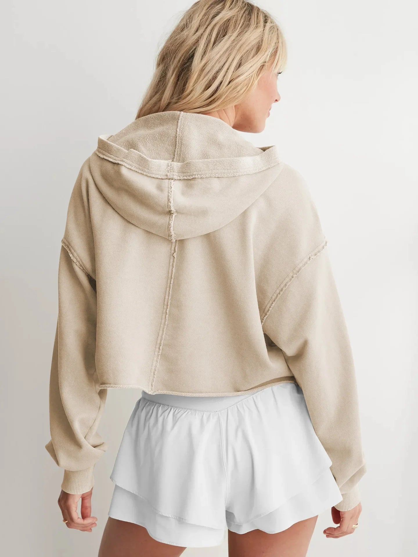 Cropped Hoodie Women Relaxed Fit Cotton Blend Casual