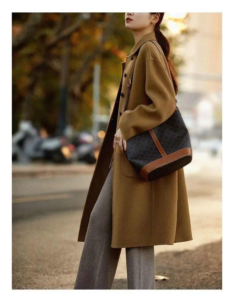 Wool Blend Overcoat Women Long Green Button Front