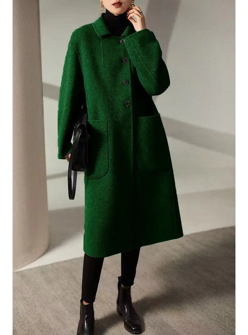 Wool Blend Overcoat Women Long Green Button Front