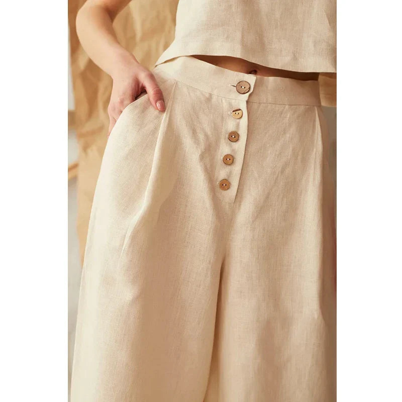 Knit wide-leg elastic-waist trousers for women, loose pull-on pants in soft fabric, shown in a relaxed fit style.