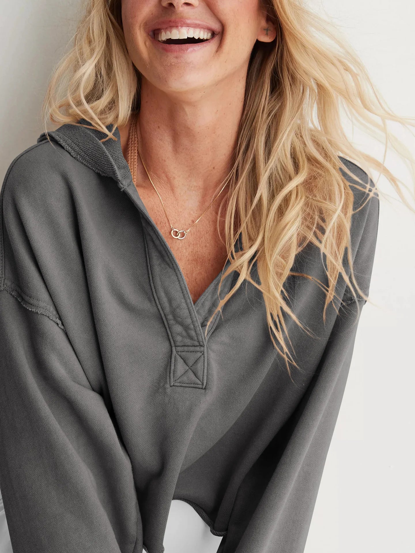 Cropped Hoodie Women Relaxed Fit Cotton Blend Casual