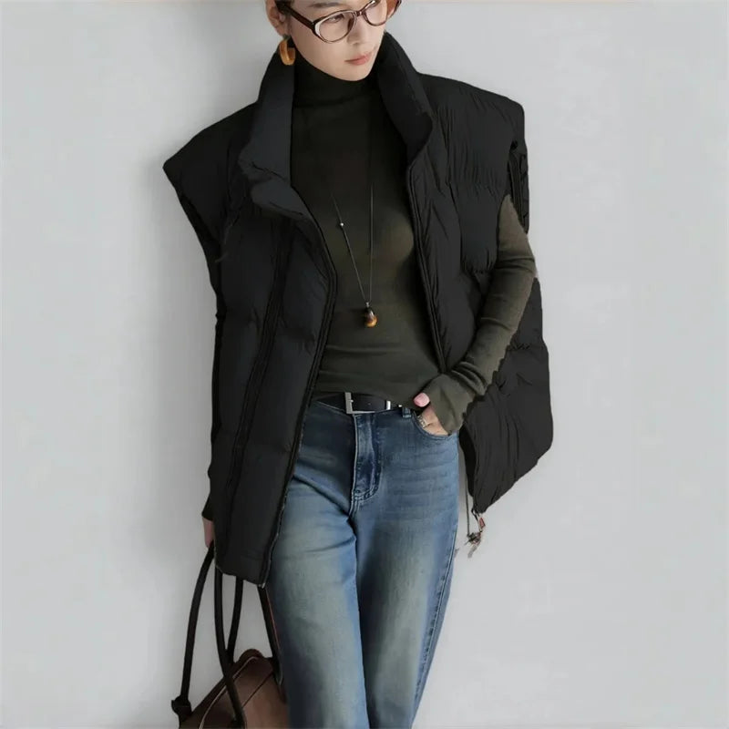Down Padded Vest Women Cropped Stand Collar Insulated