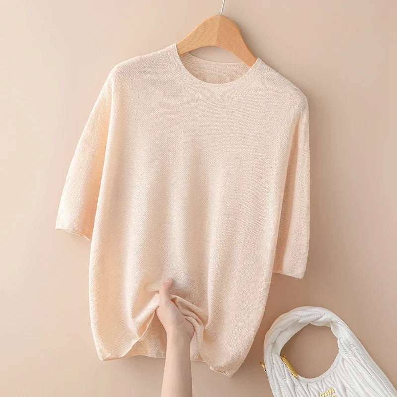 Seamless Knit Pullover Women Wool Blend Relaxed Fit Short Sleeve