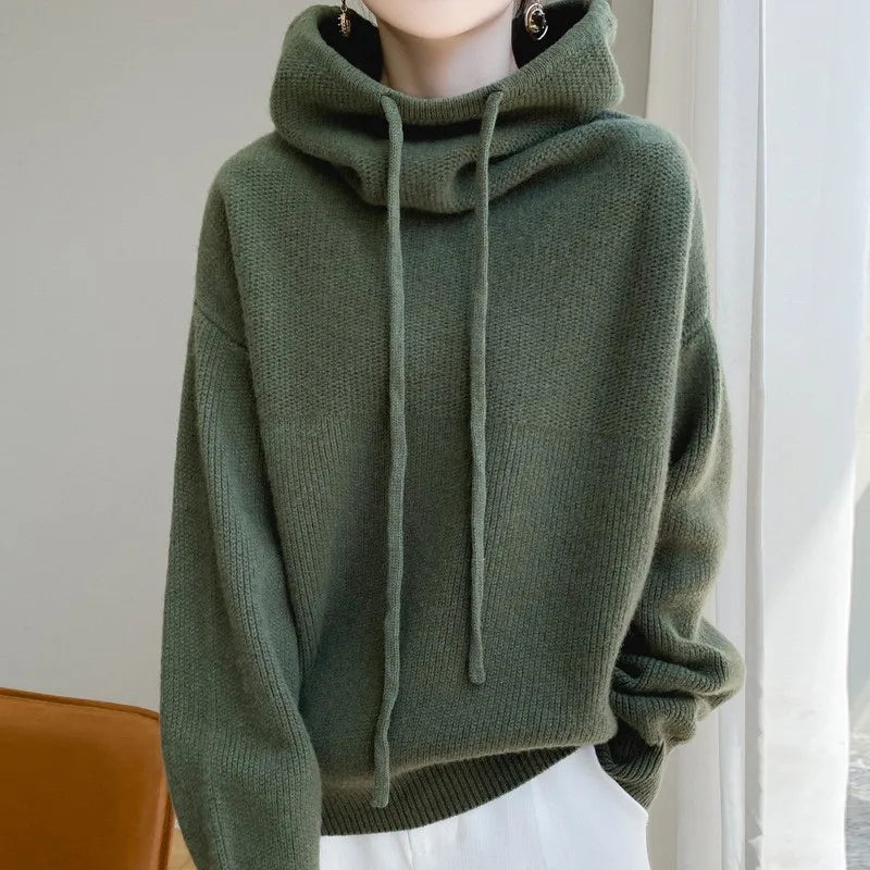 Knit Hoodie Women Relaxed Fit Ribbed Trim Long Sleeve