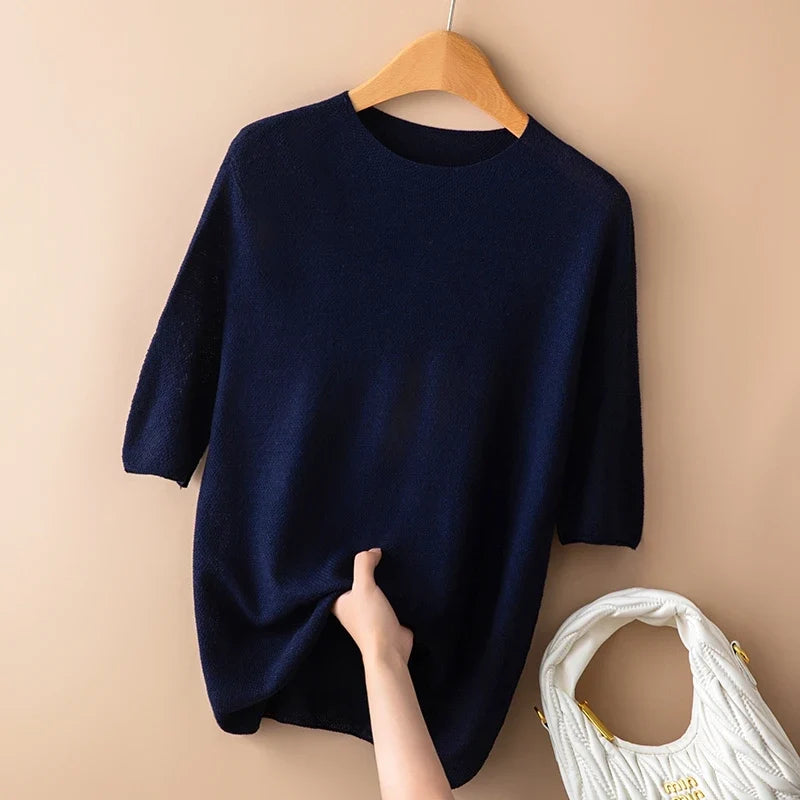 Seamless Knit Pullover Women Wool Blend Relaxed Fit Short Sleeve