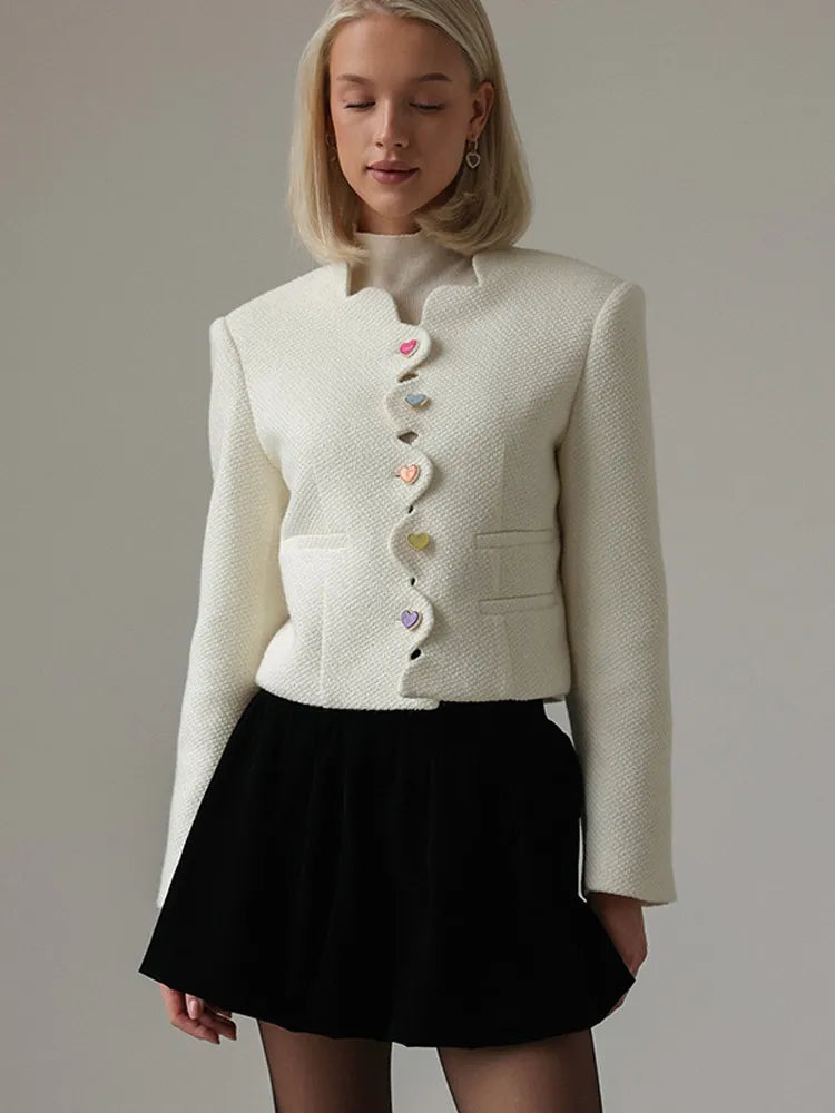 Cropped Cotton Blend Jacket Women Long Sleeve Button Front